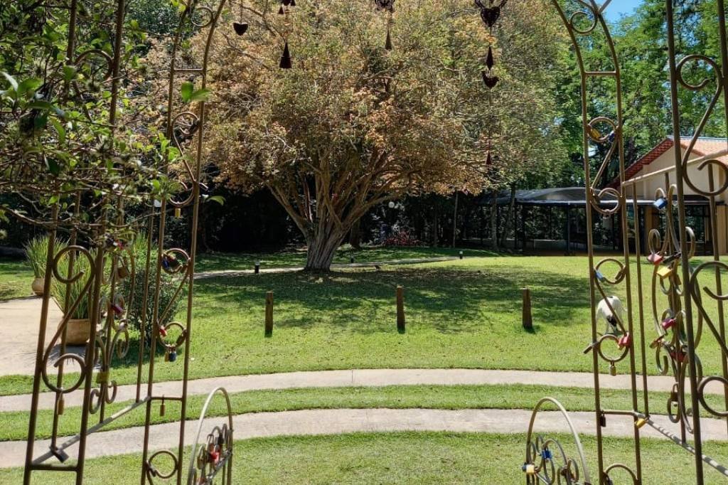 Portão de ferro trabalhado, com a grande árvore do jardim ao fundo